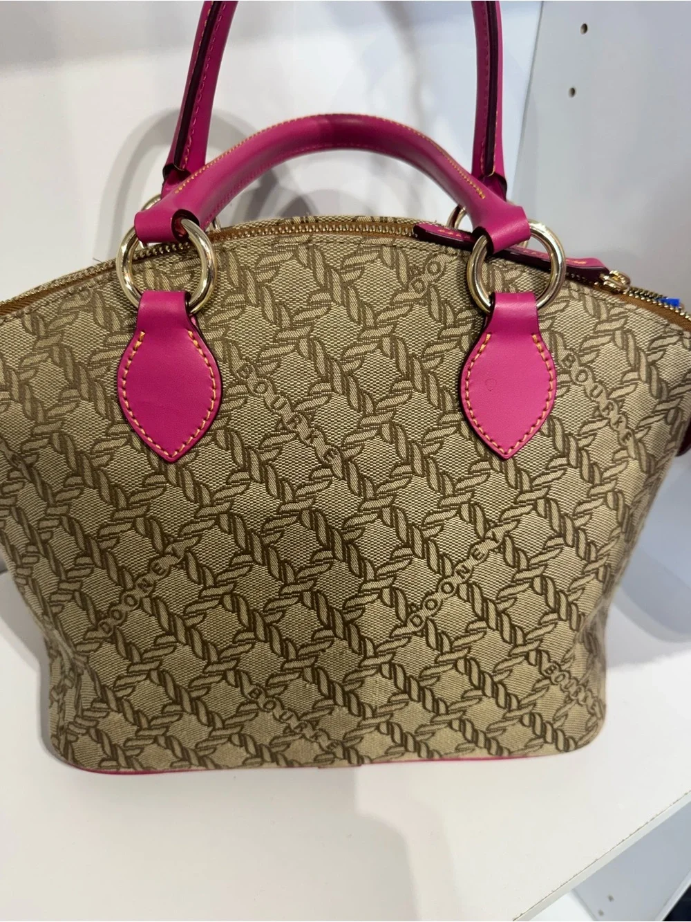 Dooney & Bourke Brown Signature Satchel with Pink Trim